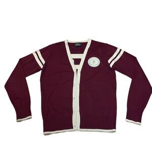 Peak Performance Cardigan, Varsity Letterman P, burgundy cream, Large